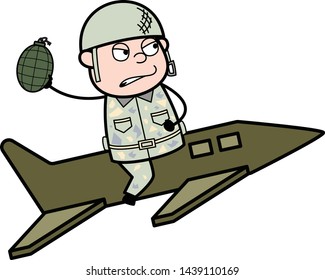 Sitting on Jet and Ready to Throw Bomb - Cute Army Man Cartoon Soldier Vector Illustration