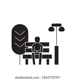 Sitting on a park bench black vector concept icon. Sitting on a park bench flat illustration, sign