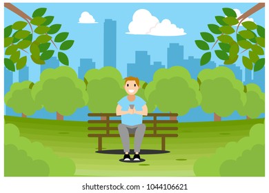 sitting on park benches during the day in the park, vector illustration