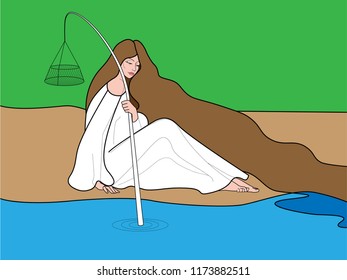 sitting on the shore of a beautiful girl with long hair, holding a trap for crawfish, from a series of pictures depicting girls with zodiac signs, this personifies the sign of Cancer