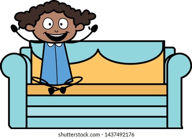 Sitting on Sofa and Cheering - Retro Black Office Girl Cartoon Vector Illustration