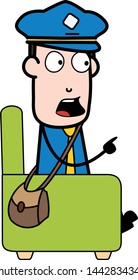 Sitting on Sofa and Pointing While Talking - Retro Postman Cartoon Courier Guy Vector Illustration