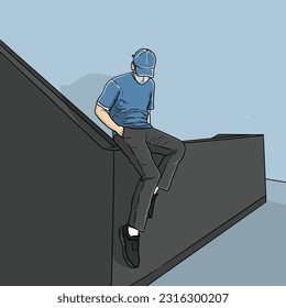 Sitting on the wall waiting friends skateboard isolated on blue background vector modern illustrations