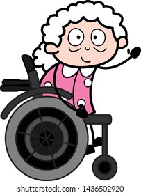 Sitting on Wheel Chair and Gesturing Hello - Old Woman Cartoon Granny Vector Illustration