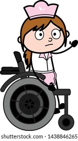 Sitting on Wheel Chair and Gesturing with Hand - Retro Cartoon Waitress Female Chef Vector Illustration