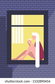 Sentada en el umbral de la ventana del edificio de ladrillo, joven mujer con el pelo rubio largo bebiendo, tomando té o café de una taza, descalzo, contemplando y teniendo noche de descanso sola, ilustración conceptual