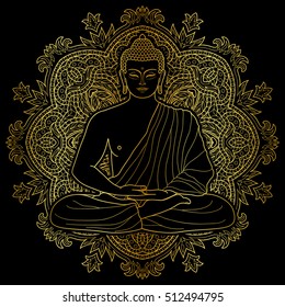 Sitting outline Gold Buddha in Lotus position on mandala round background isolated on black. Sign for tattoo, textile print, mascots and amulets. Esoteric coloring page.