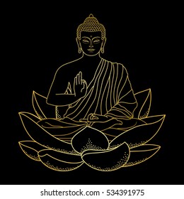 Sitting outline Gold Buddha on Lotus isolated on black background. Sign for tattoo, textile print, mascots and amulets.