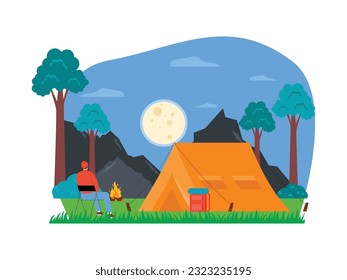 Sentado fuera de la carpa con sillas de campamento, frente a una fogata, mirando a la luna llena, acampando ilustraciones vectoriales.