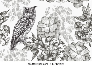 Sitting owl and seamless floral pattern with phlox and roses. Hand-drawn, vector illustration.