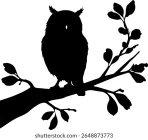 Sitting Owl Silhouette Vector Black Bird Clipart on White Background