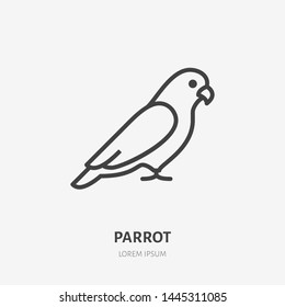 Sitting parrot flat line icon. Vector thin sign of cute bird, animal logo. Pet shop outline illustration.