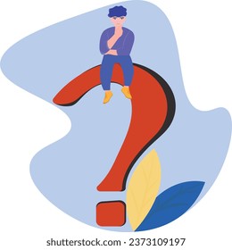 A sitting pensive man on a large red question mark near which there are blue and yellow leaves on a light blue background. Vector illustration EPS 10
