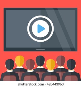 Sitting people and big black screen with play button. Cinema, business video presentation, corporate training concepts. Flat design vector illustration