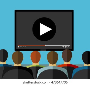 Sitting people and big black screen with play button. Cinema, business video presentation, corporate training concepts. Flat design vector illustration