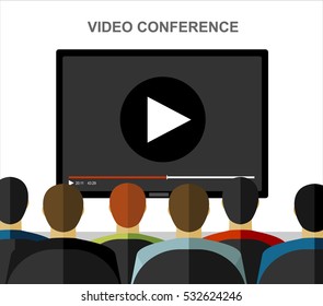 Sitting people and big black screen with play button. Cinema, business video presentation, corporate training concepts. Flat design vector illustration