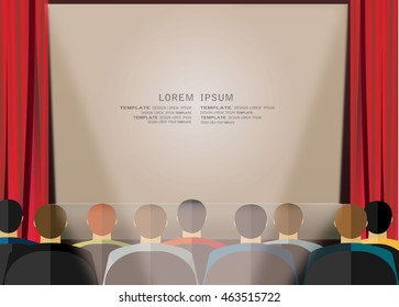 Sitting people and big empty screen. Cinema, business video presentation, corporate training concepts. Flat design vector illustration