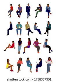 Sitting people flat vector illustration set (black people)