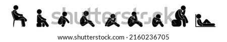 sitting people icons collection, isolated stick figure man sat down pictograms, human silhouettes flat vector illustration Stock fotó © 
