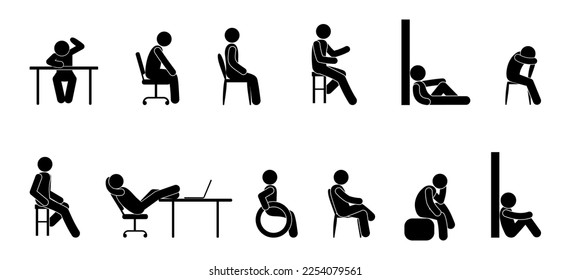 sitting people icons set, man sitting on a chair, illustration stick figure human silhouette