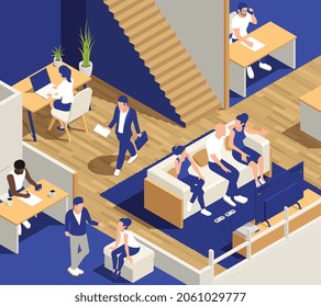 Sitting people isometric composition with indoor scenery of coworking office with human characters and various furniture vector illustration