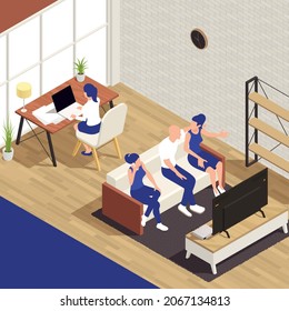 Sitting people isometric composition with living room scenery girl working at table while friends watching tv vector illustration