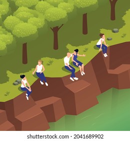 Sitting People Isometric Composition With Outdoor River Bank Landscape And Faceless Human Characters Of Relaxing Persons Vector Illustration