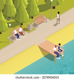 Sitting people isometric composition of urban riverwalk scenery with people relaxing on benches and wooden footbridge vector illustration