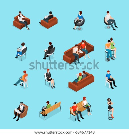Sitting people isometric set of human characters and seat furniture isolated images with lounge chairs and benches vector illustration