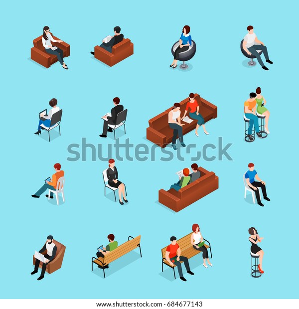 座る人のアイソメ文字セットと座る家具 ラウンジチェアとベンチベクターイラストと分離型イメージ のベクター画像素材 ロイヤリティフリー