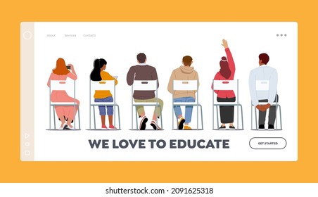 Sitting People Rear View Landing Page Template. Young Men and Women Characters Sit on Chairs in Row, Students Back View, Lecture Participants. University College Scholars. Cartoon Vector Illustration