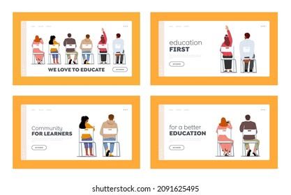 Sitting People Rear View Landing Page Template Set. Young Men and Women Characters Sit on Chairs in Row, Students Back View, Lecture Participants. Businesspeople, Scholars. Cartoon Vector Illustration