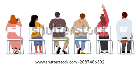 Sitting People Rear View, Young Men and Women Characters Sit on Chairs in Row, Students Back View, Lecture Participants. University and College Scholars, Businesspersons. Cartoon Vector Illustration