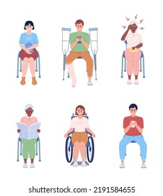 Sitting people semi flat color vector characters set. Editable figures. Full body people on white. Lifestyle simple cartoon style illustrations for web graphic design and animation collection