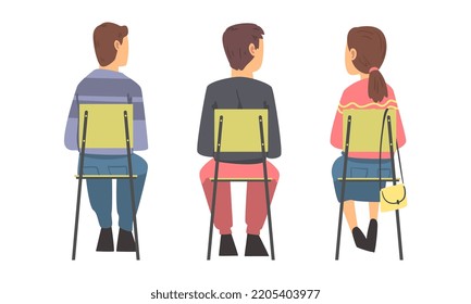 Sitting People Set. View From Behind Of Young Men And Woman Sitting In Chairs In Row, Students Listening Lecture, Conference Participants Cartoon Vector Illustration