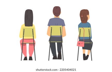 Sitting People Set. View From Behind Of Young People Sitting In Chairs In Row, Students Listening Lecture, Conference Participants Cartoon Vector Illustration