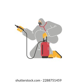 Sitting pest control specialist with balloon and sprayer flat style, vector illustration isolated on white background. Extermination of parasites, protective suit, work