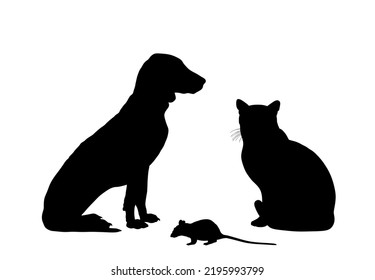 Sitting pets, domestic dog and cat, mouse vector silhouette illustration isolated on white background. Schiller hound dog. Best friends and home guard. Rat in middle of natural food chain.