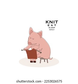 Sitting pig on a chair. Knitting process.
