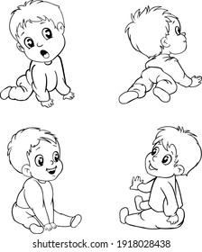 Sitting, playing and crawling cartoon smiling infant baby vector illustration. Babies character In cartoon style clipart Isolated on white background. Set with cute little babies in different activity