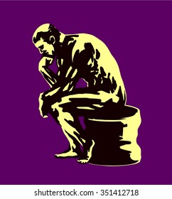 Sitting pondering philosopher man thinking about fundamental questions in life vector illustration, thoughtful meditative pose with chin resting on hand, intellectual, culture, knowledge