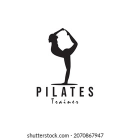 Sitting Pose Pilates Woman Silhouette, Girl with Beauty Body Hair and Face at gym logo design 