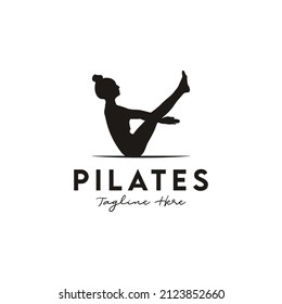 Sitting Pose Pilates Woman Silhouette, Girl with Beauty Body Hair and Face at gym logo design