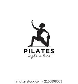 Sitting Pose Pilates Woman Silhouette, Girl with Beauty Body Hair and Face at gym logo design