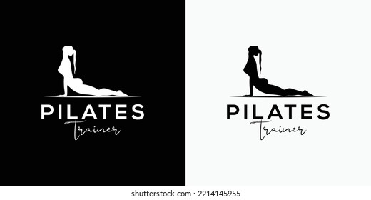 Sitting Pose Pilates Woman Silhouette, Girl with Beauty Body Hair and Face at gym logo design template