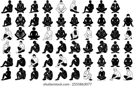 Sitting Pose Silhouettes: Black and White Illustrations of People in Cross-Legged and Relaxed Postures