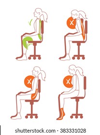 Sitting position. Woman in chair holding right or wrong back, lumbar spine, knee, feet arrangement isolated icon set on white background. Correct and incorrect sitting position vector illustration
