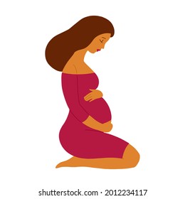 Sitting pregnant woman, profile portrait. Flat style. Cute woman keeps her hands on her belly. Awaiting for a child