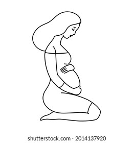 Sitting pregnant woman, profile portrait. Line drawing. Cute woman keeps her hands on her belly. Awaiting for a child