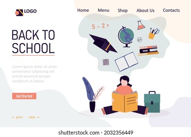 Sitting pupil reading book. Scholar studies and learning sciences. Kid student sits at read. Child gets knowledge and information from textbook. Template, landing page for website. Vector illustration